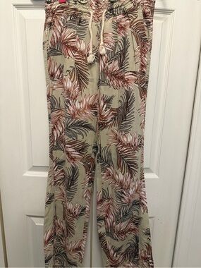 Women's Tropical Print Drawstring Linen Blend Pants - Beige and Rust Size Small